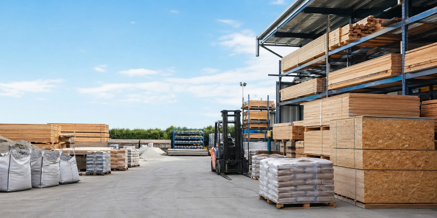 Wholesale building materials yard with timber, sheet materials, cement and aggregates